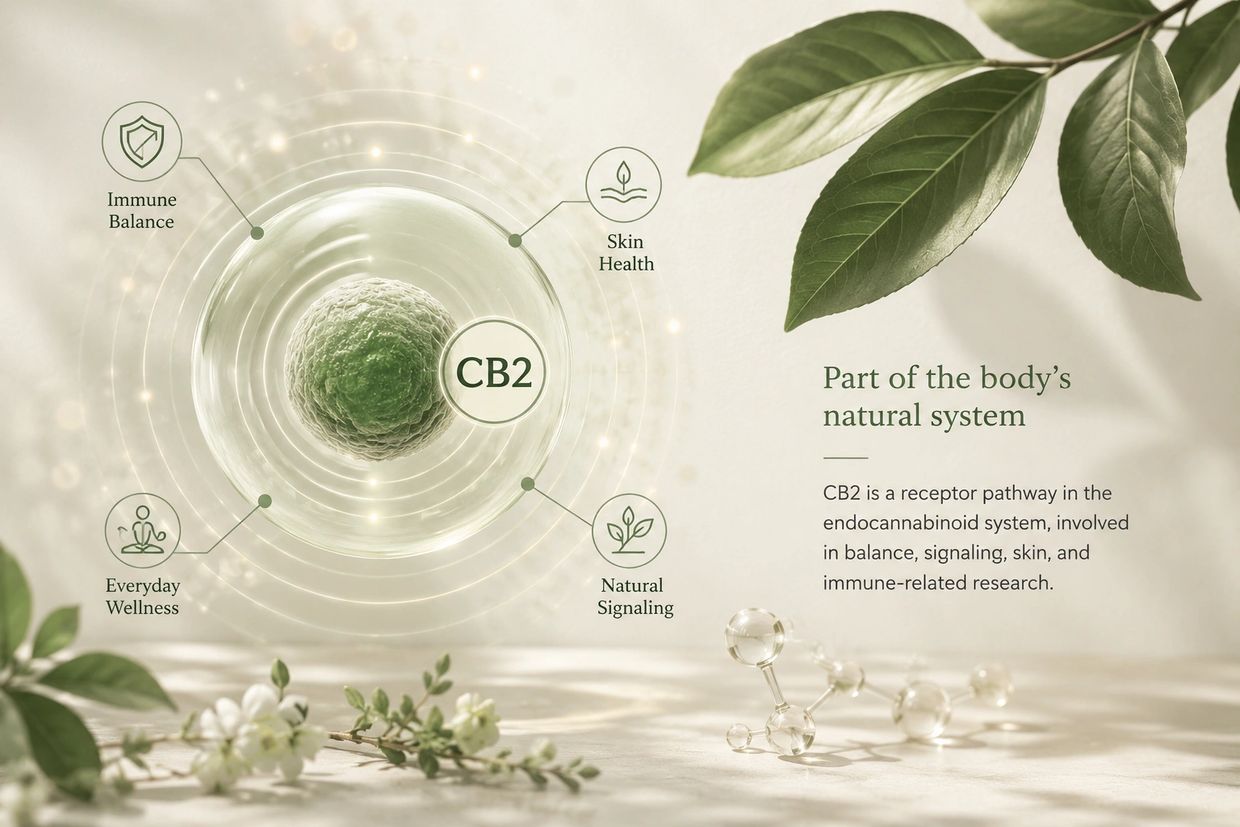 Illustration of CB2 receptor's role in immune balance, skin health, and wellness.