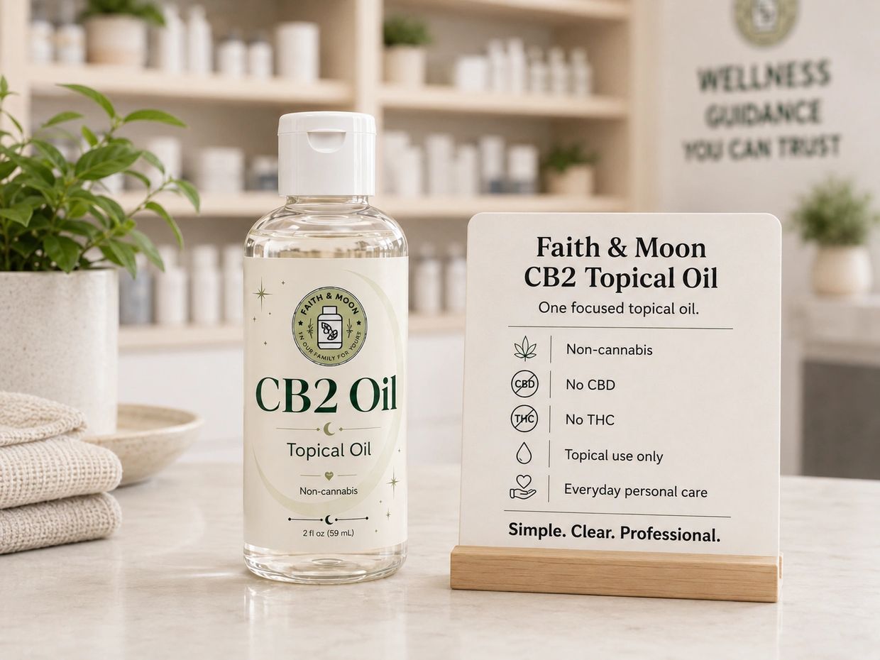 CB2 Oil topical oil bottle with informational display on non-cannabis, no CBD, no THC usage.