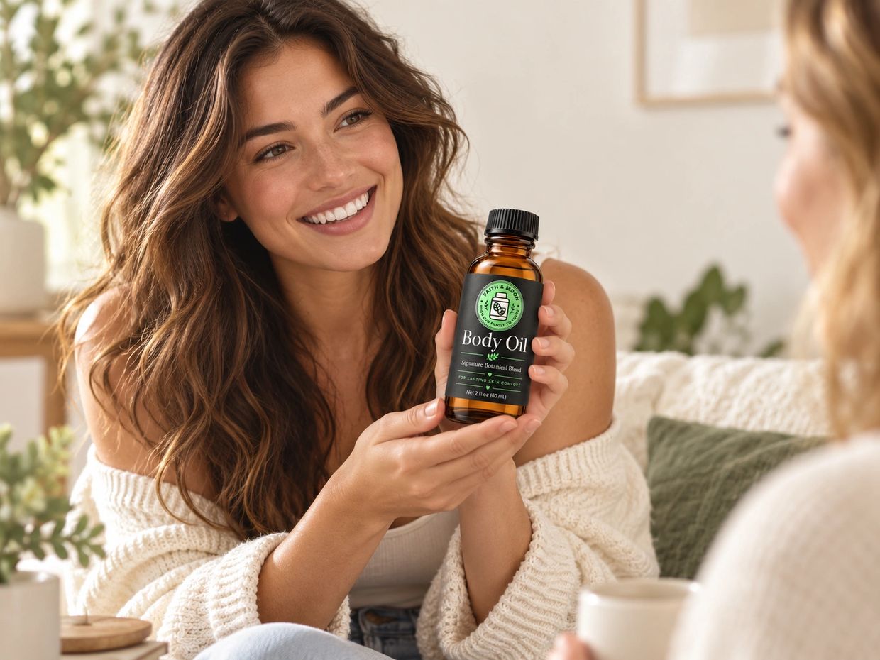 Smiling woman holding a bottle of body oil indoors.