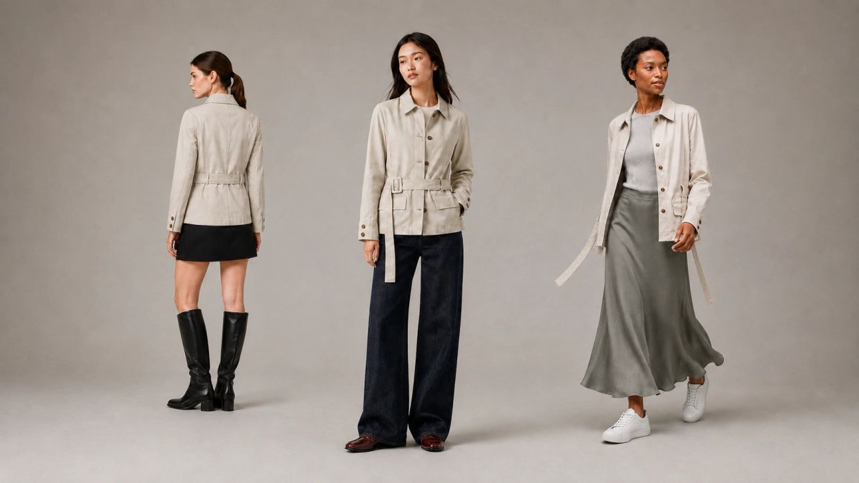 Three women modeling beige jackets with different outfits.