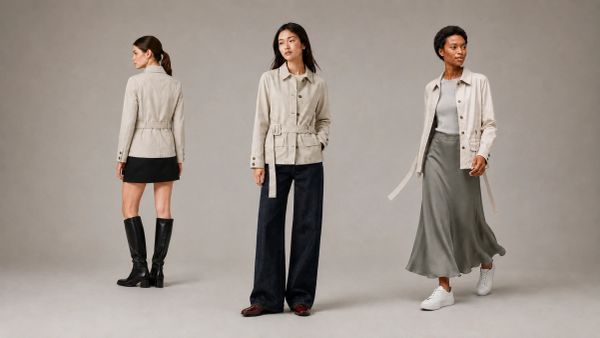 Three women modeling beige jackets with different outfits.