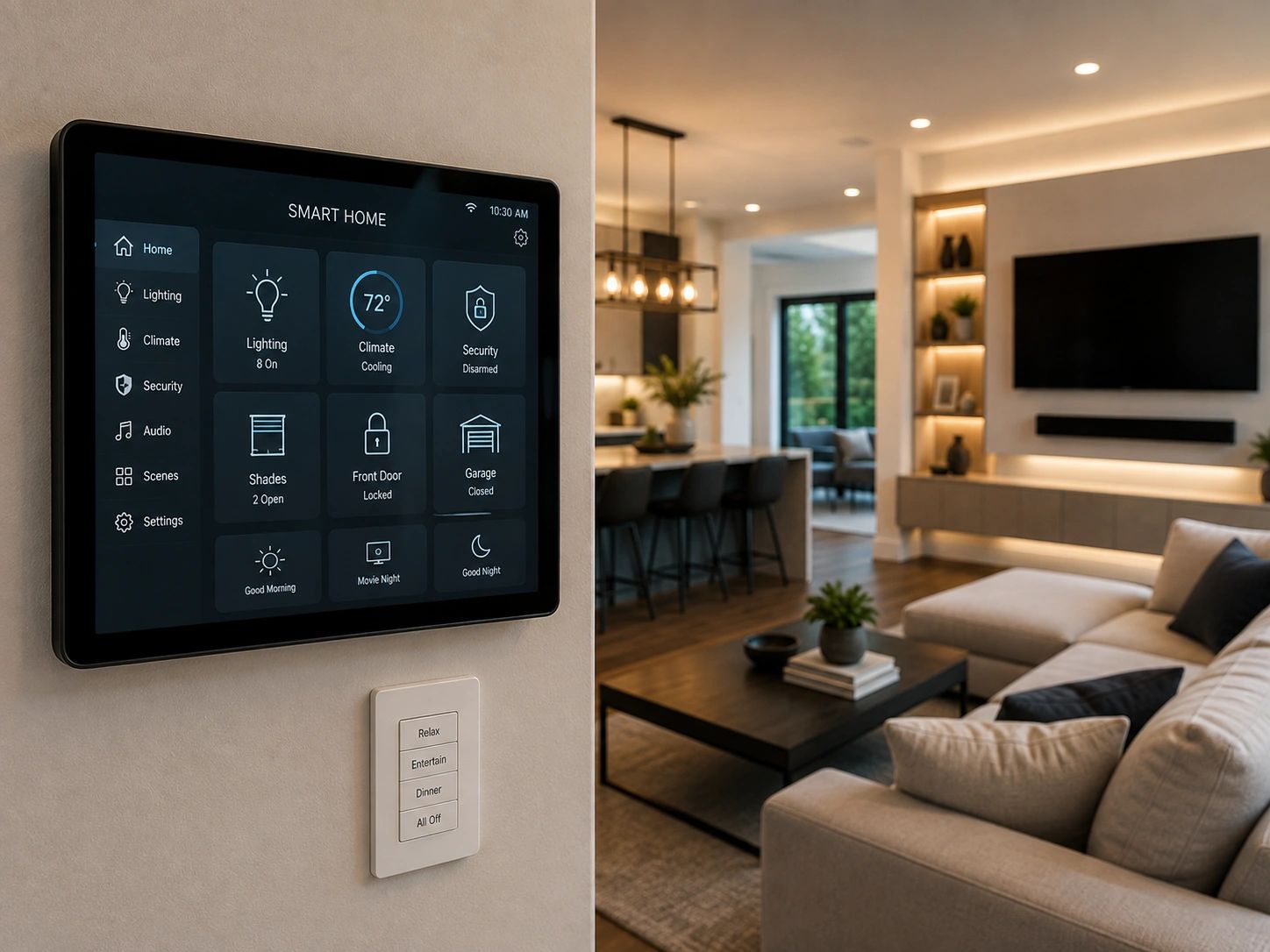 Smart home control panel in a modern living room.