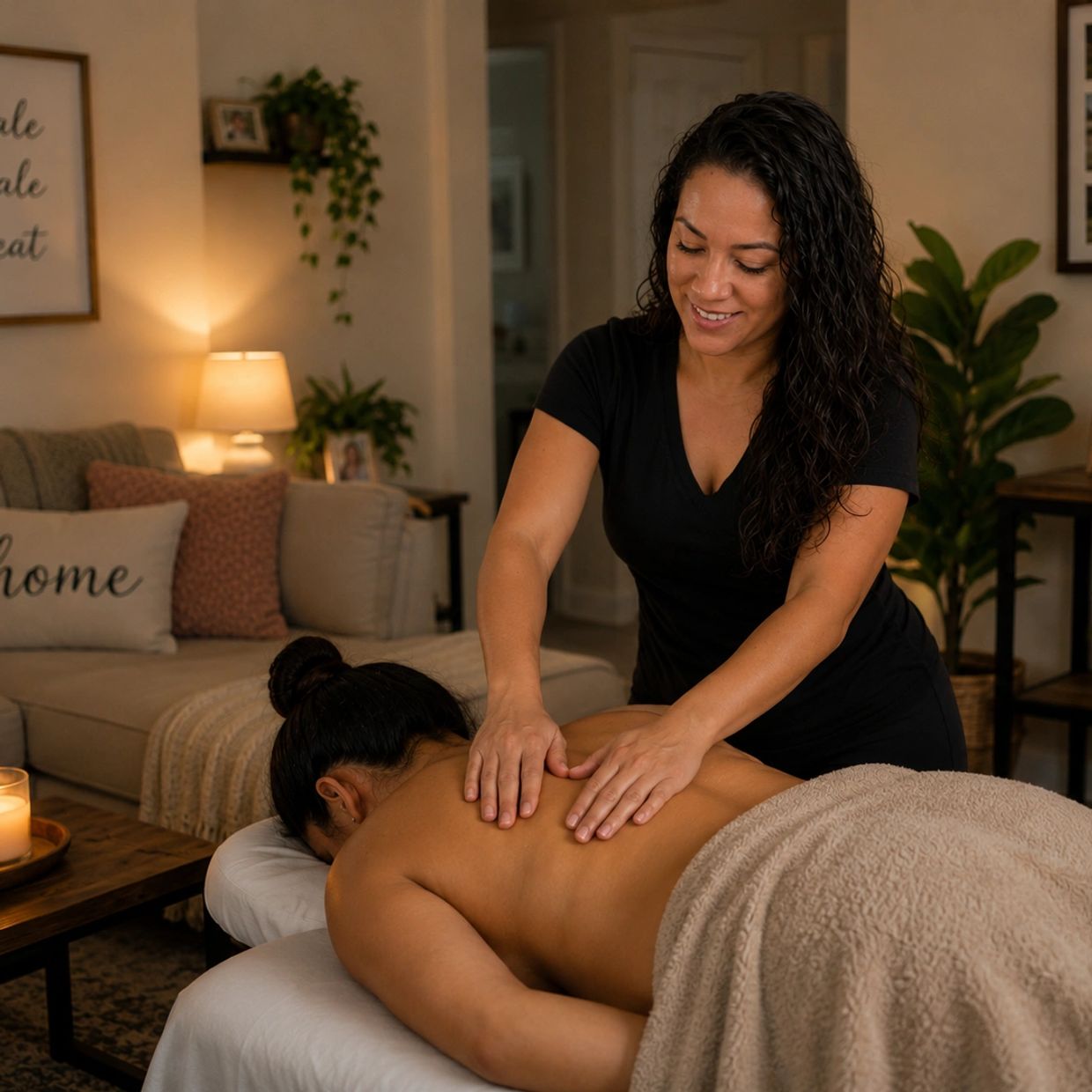 Woman giving a back massage at home.