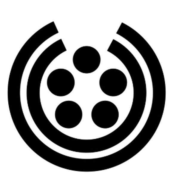 Black circular emblem with five dots and two arcs on white background.