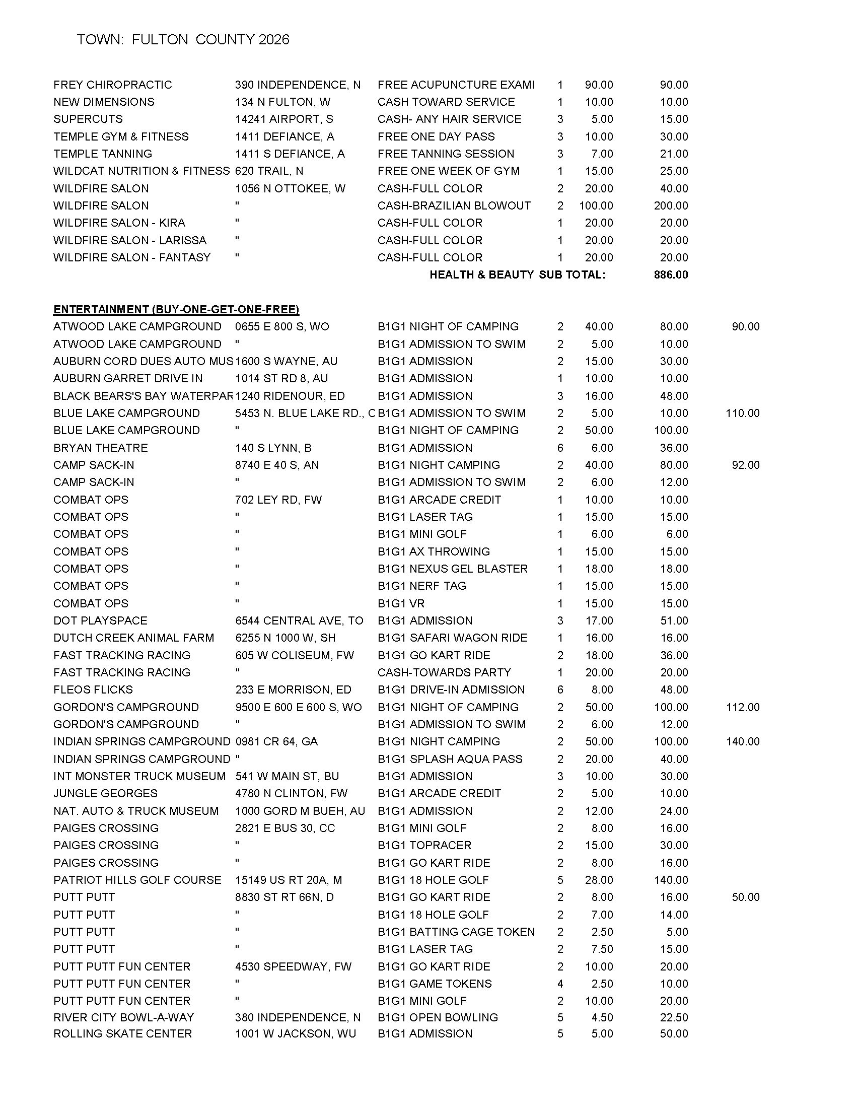 List of health, beauty, and entertainment services with prices in Fulton County 2026.