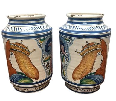 Italian Urns With Male Figures With Crowns - a Pair