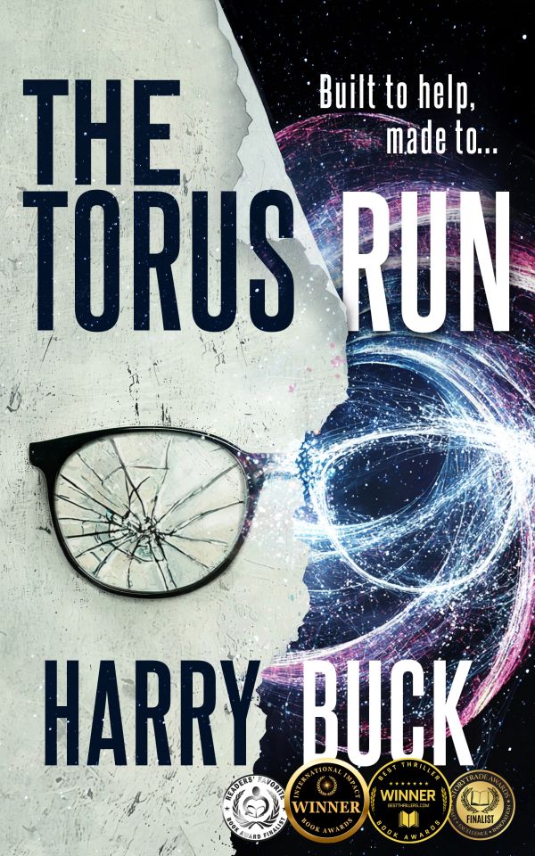 Book cover for 'The Torus Run' by Harry Buck featuring shattered glasses and cosmic imagery.