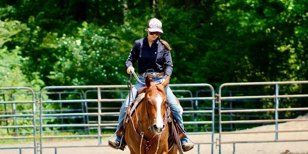 A woman riding a brown horse in an outdoor arena surrounded by greenery.