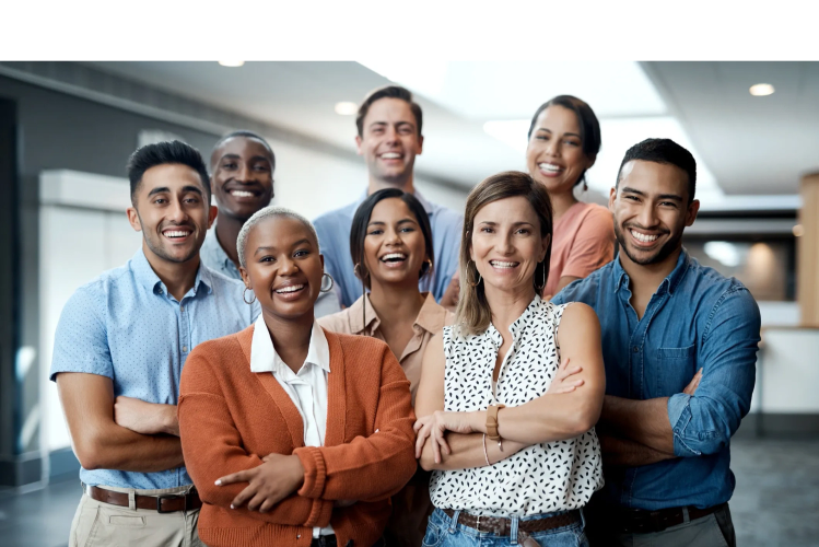 Happy diverse group of coworkers smiling at the camera.