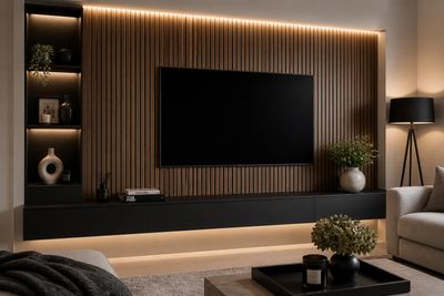 Modern living room with wood panel TV wall and ambient lighting.