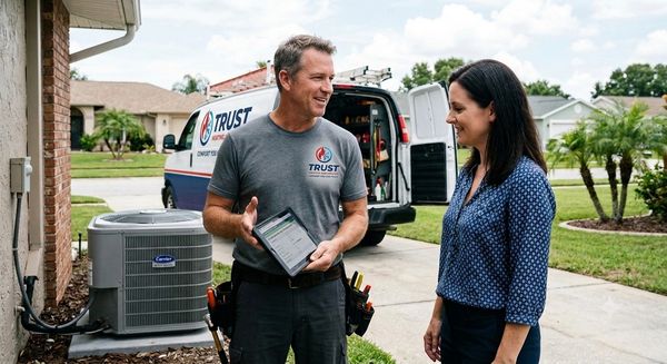 HVAC technician speaking to woman outside home.