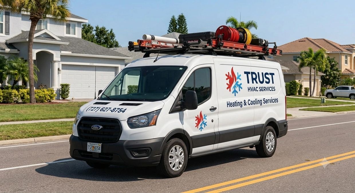 A van for Trust HVAC Services parked on a suburban street.