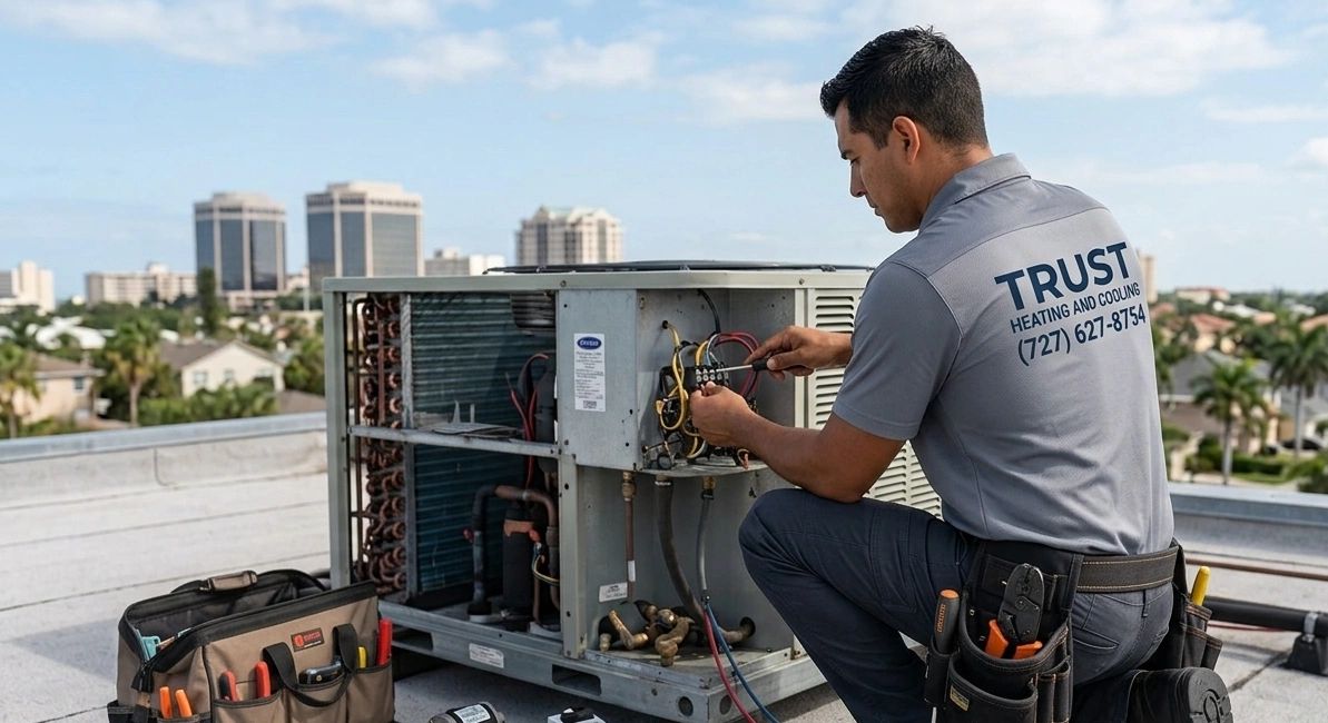 HVAC technician repairing an outdoor unit on a rooftop.