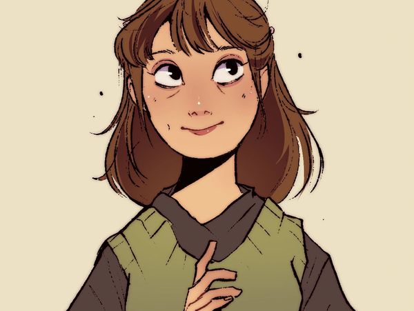 Illustration of a smiling girl with brown hair and casual clothes.