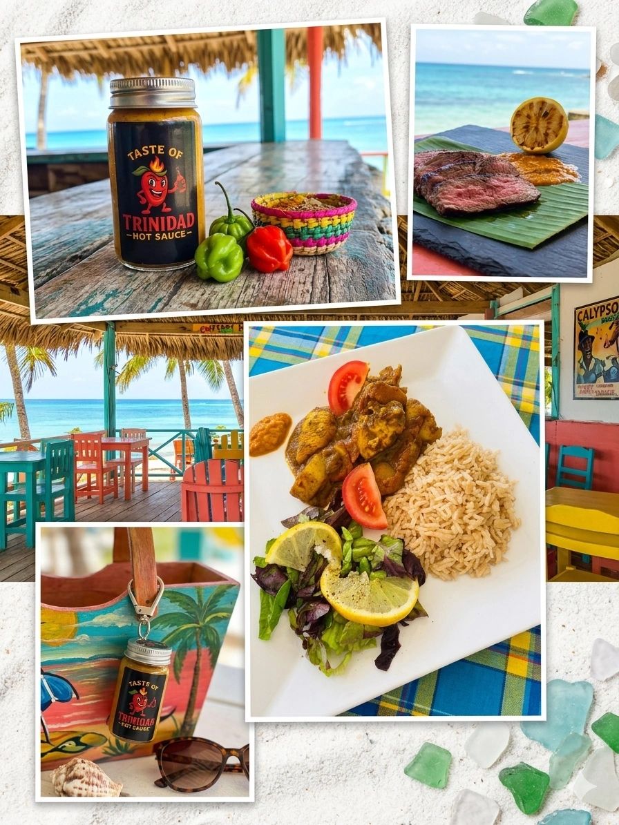 Trini hot sauce, coastal dining, and flavourful meals, curry with rice and salad by the sea.