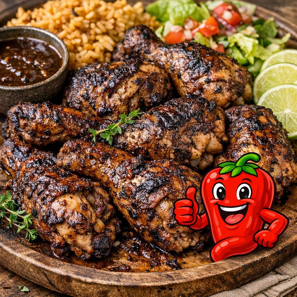Grilled chicken drumsticks with rice, salad, lime slices, and a spicy sauce.