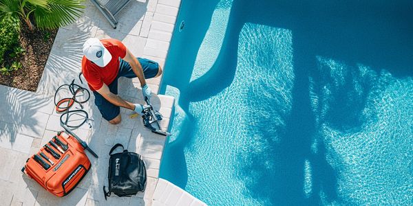 Technician servicing pool equipment beside a clear pool.