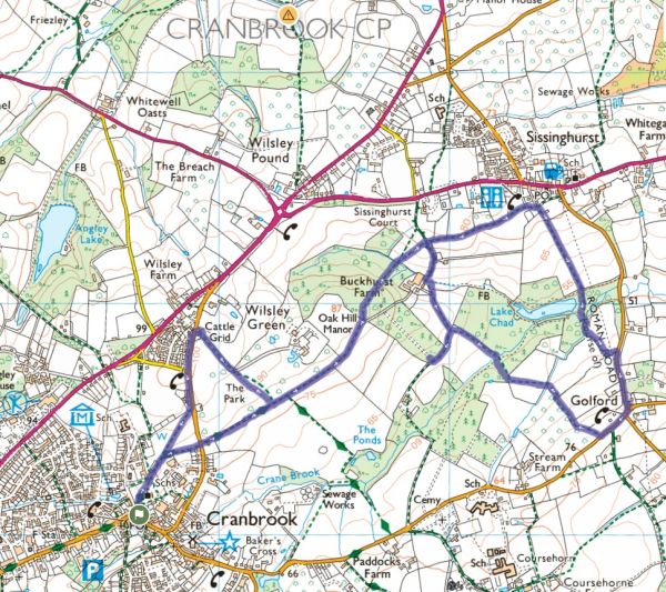 Map showing a marked route around Cranbrook, Sissinghurst, and Golford.