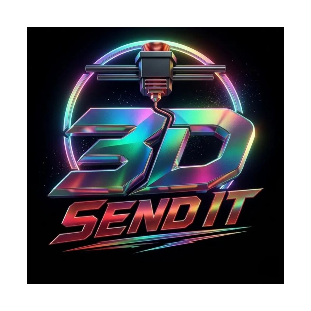 3DSendIt logo featuring a colorful 3D printer toolhead and 3D printing design.