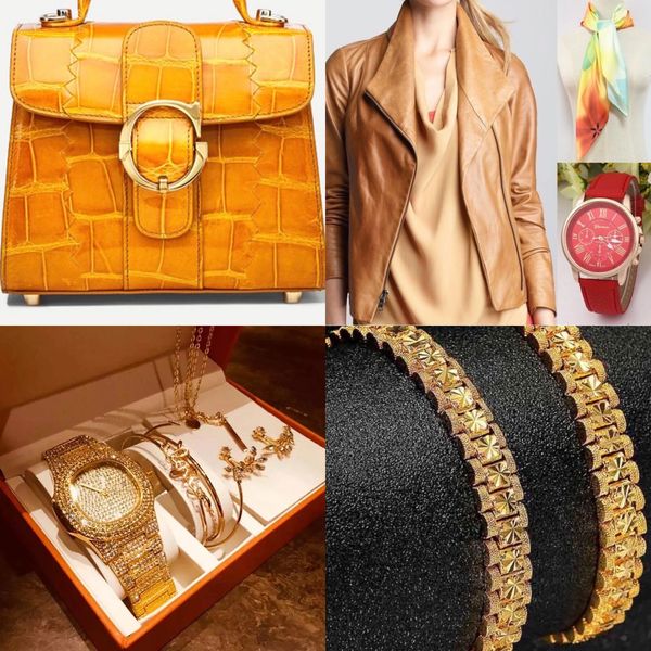 Alligator handbag, leather jacket, jewelry sale, 18 karat gold plated jewelry