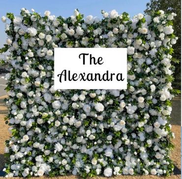 Alexandra white and green floral flower wall backdrop for Buffalo wedding reception