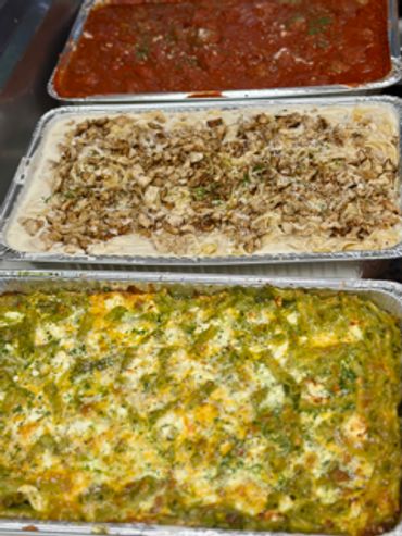 Basil Pesto Baked Ziti, Chicken Fettuccine Alfredo, Meatballs in Marinara