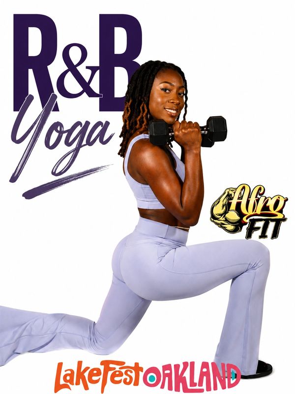 Woman in purple workout clothes doing lunge with dumbbell, promoting R&B Yoga by Afro Fit at LakeFest Oakland.
