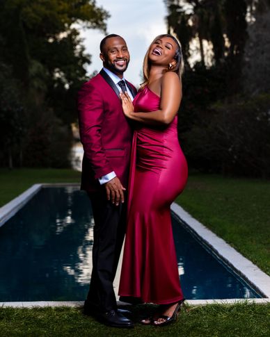 Joyful outdoor couples lifestyle portrait by luxury pool — on-location photography by RedHed Photogr