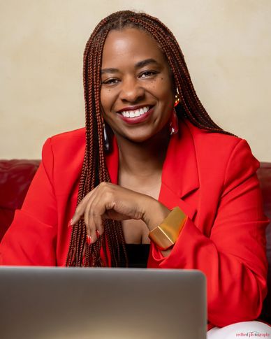 Bold personal branding portrait with red blazer and laptop — lifestyle branding photography by RedHe