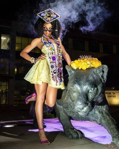 Premium grad portrait PVAMU panther dramatic smoke purple lighting luxury HBCU grad photography by R