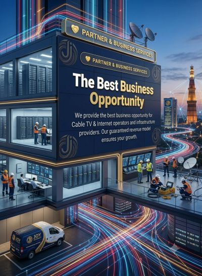 Futuristic business hub showcasing cable TV and internet services with dynamic light trails.