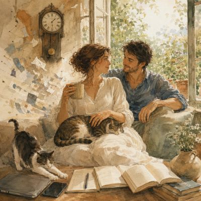 Un couple partage un moment doux avec des chats et des livres.