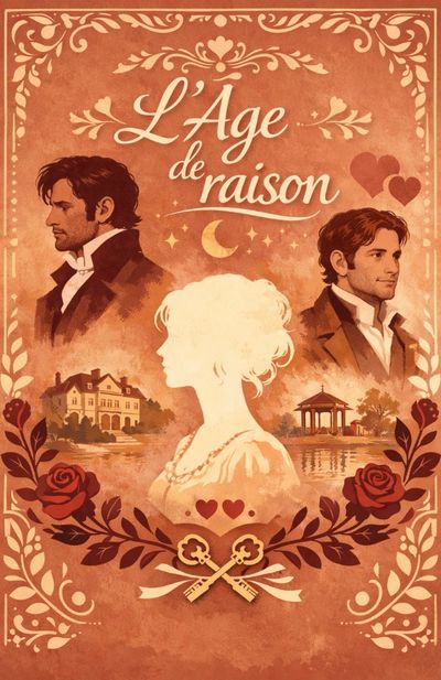 Romantic vintage poster with two men and a woman silhouette surrounded by roses and keys.