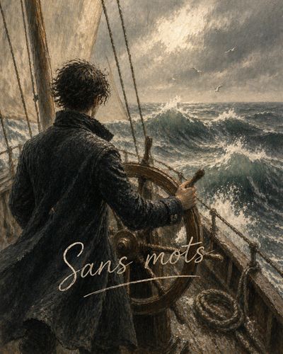 A lone sailor steers through stormy seas on a wooden ship.