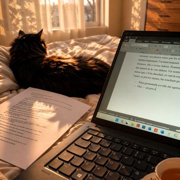 Cat resting on a bed near papers and a laptop in warm sunlight.