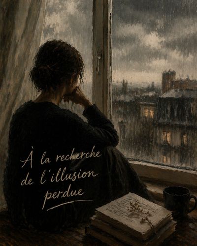 A woman gazes pensively out a rainy window, surrounded by books and a cup.