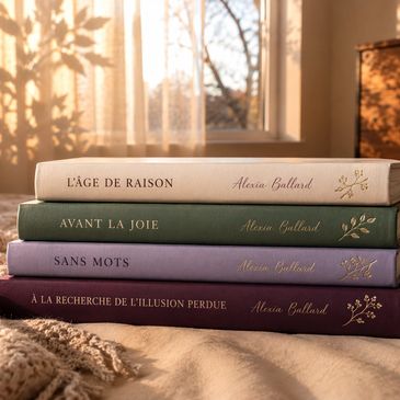 Four elegant books by Alexia Gallard stacked on a cozy bed near a sunlit window.