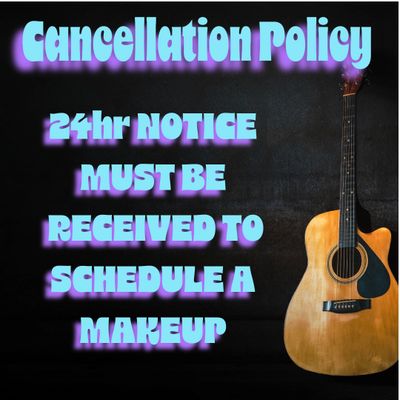 Cancellation policy requires 24-hour notice for makeup scheduling, with guitar image.