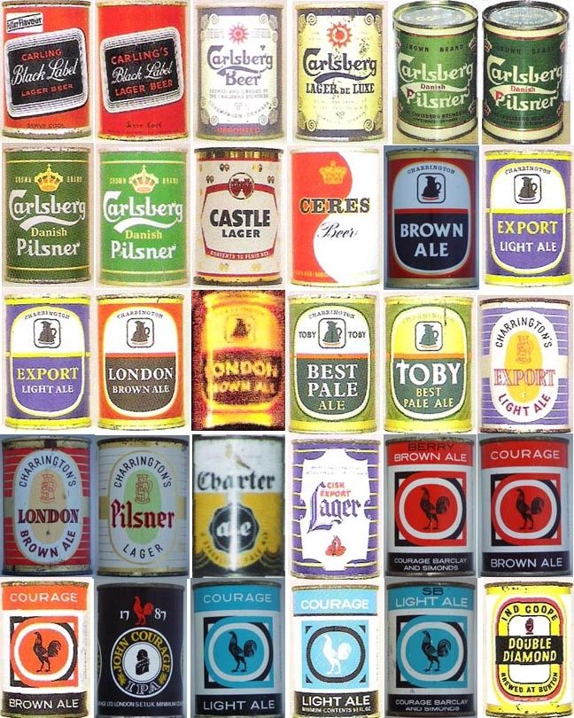 Vintage UK Beer Cans: Carling, Carlsberg, Castle, Ceres, Charrington, Toby, Charter, Courage.