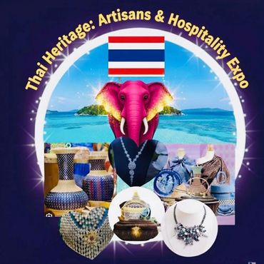 Colorful Thai Heritage Expo promo with pink elephant and traditional crafts.