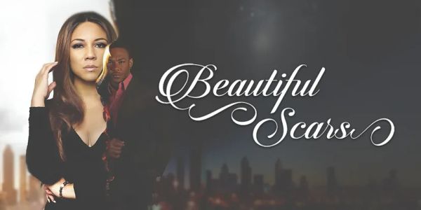 Promotional image for 'Beautiful Scars' featuring two characters against a city backdrop.