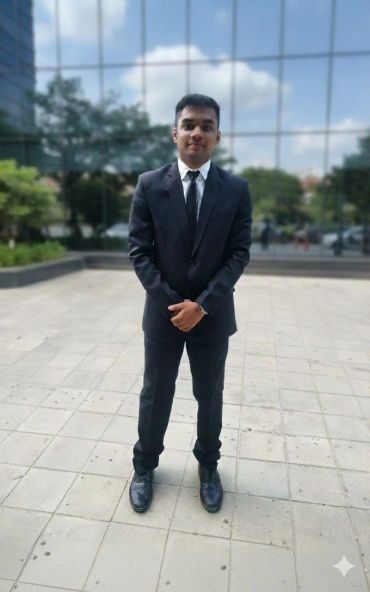 A young man in a black suit standing outdoors on a tiled pavement.