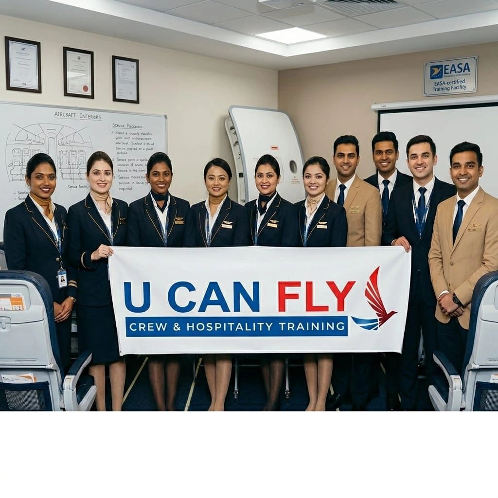 Group of airline crew members holding a banner for crew and hospitality training.