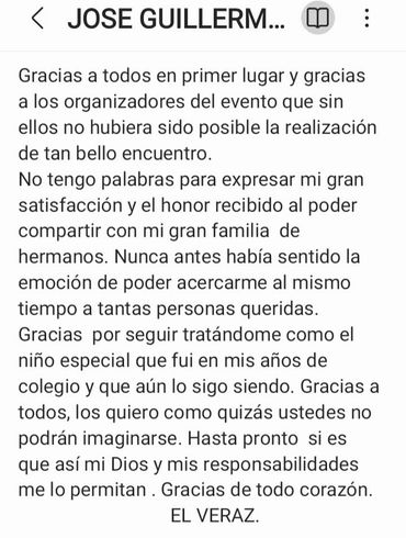 Mensaje de gratitud por un evento especial y apoyo recibido.