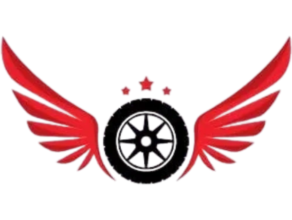 Black tire with red wings and three red stars above it.