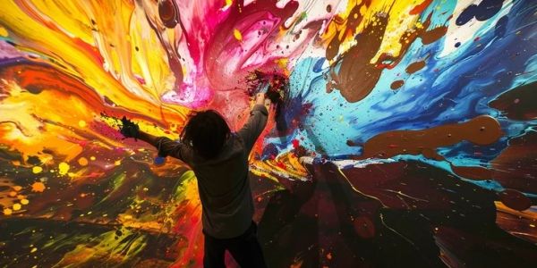 Child painting vibrant colors on a wall.
