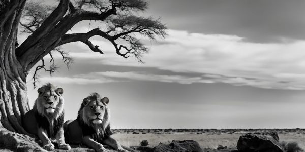 Two lions resting under a tree in a vast landscape.