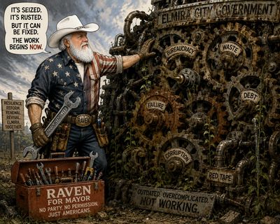 A man labeled Raven prepares to fix a rusty, complex government machine.