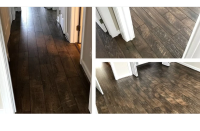 Dark wood floors in different rooms with white baseboards.