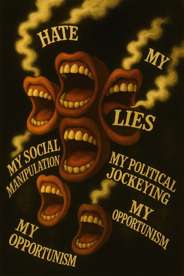 Illustration of screaming mouths with words expressing self-hate and manipulation.